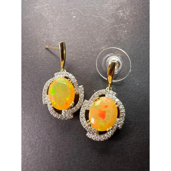10k gold Ethiopian opal and white zircon earrings - Picture 2 of 11